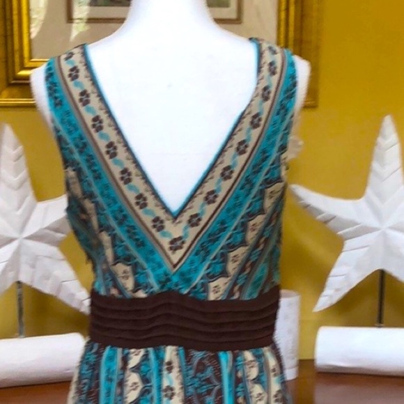 Sandra Darren Floral Brown & Aqua Boho Sleeveless V Neck Cocktail Party Dress 12 - Picture 11 of 16